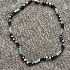 Hematite, jade, garnet, moonstone necklace